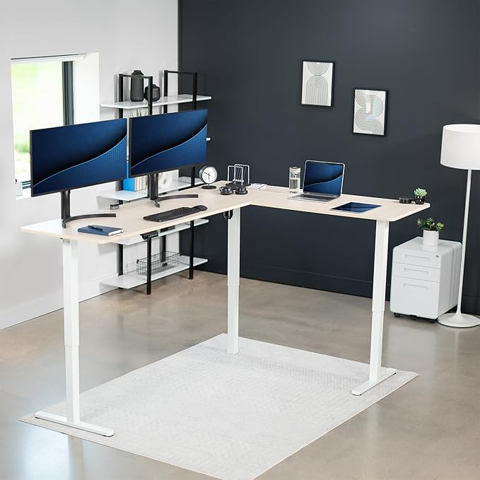 VIVO Corner Standing Desk, 84 x 63 inch Reversible L-Shaped Workstation, Electric Height Adjustment, Home, Office, and Reception Rooms, Light Wood Table Top White Frame, DESK-E3CTWC-84