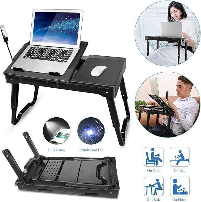Foldable Laptop Table with Cooling Fan, LED Light, 4 x USB Ports, Mouse Pad & Storage Groove for Laptop Use in Home Office