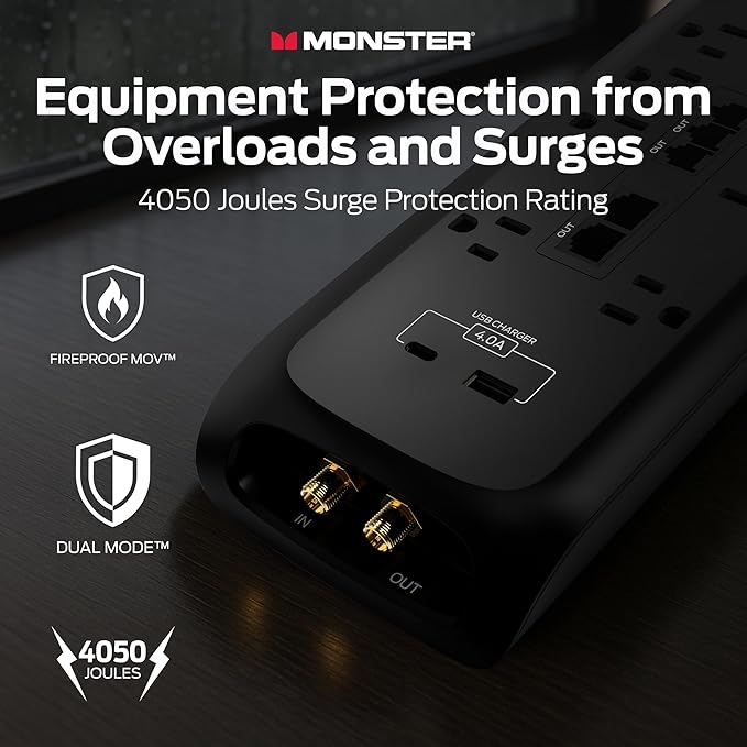 Monster Power Surge Protector w/ 4,050 Jules Rating — Heavy Duty Power Strips with Surge Protection, 8 Outlets, USB-A & USB-C, 2 Coax, 5 Ethernet Ports, Fireproof MOV, Dual Mode (6FT Cord, Black)