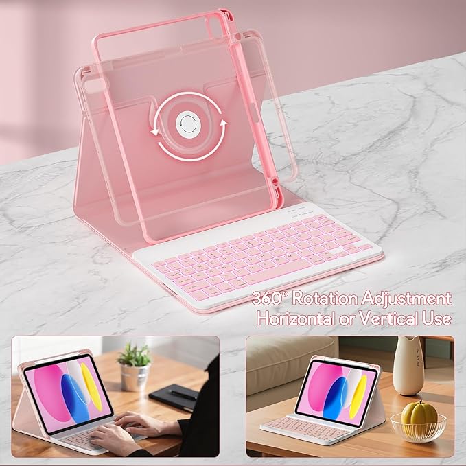 YBING Keyboard Case for iPad 11th Generation 2025 & 10th Generation 2022, 360 Rotating Magnetic Cover with 7-Color Backlit Wireless Detachable Keyboard with Pencil Holder for iPad A16 11" (Pink)