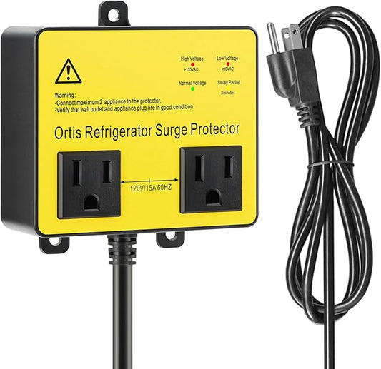 Refrigerator Surge Protector, Ortis Double Outlet Voltage Protector for Home Appliances with Time Delay, 5ft Power Cord, Protects Against Brownout, Spike, Instant Surge All Voltage Abnormalities