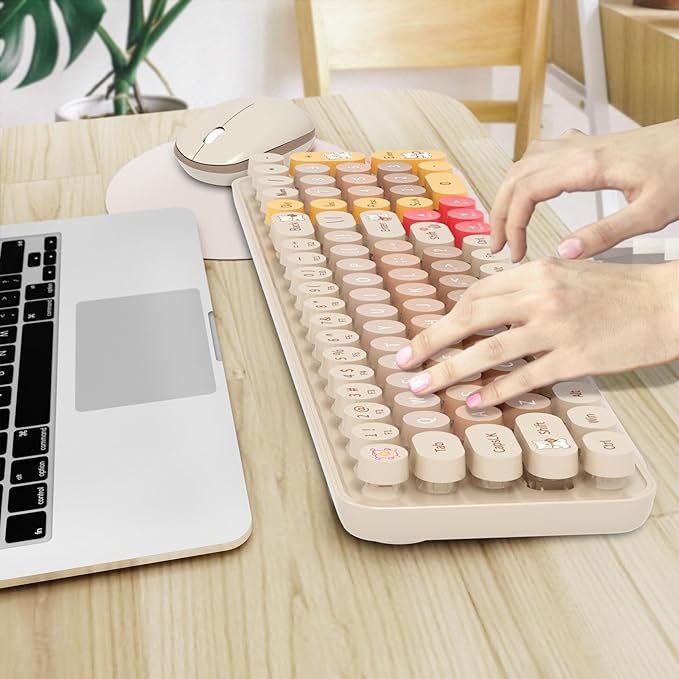 Keyboard Mouse Wireless, Slim Compact Silent 2.4G Cute 84 Keys Keyboard for PC, Notebook, MacBook, Tablet, Laptop, Windows System Coffee