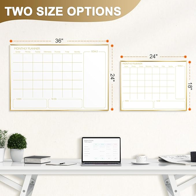 Large Dry Erase Calendar Whiteboard for Wall, 36'' x 24'' Monthly White Board Planner with Gold Frame, Magetic Hanging Wipe Board for Home Office School Dorm