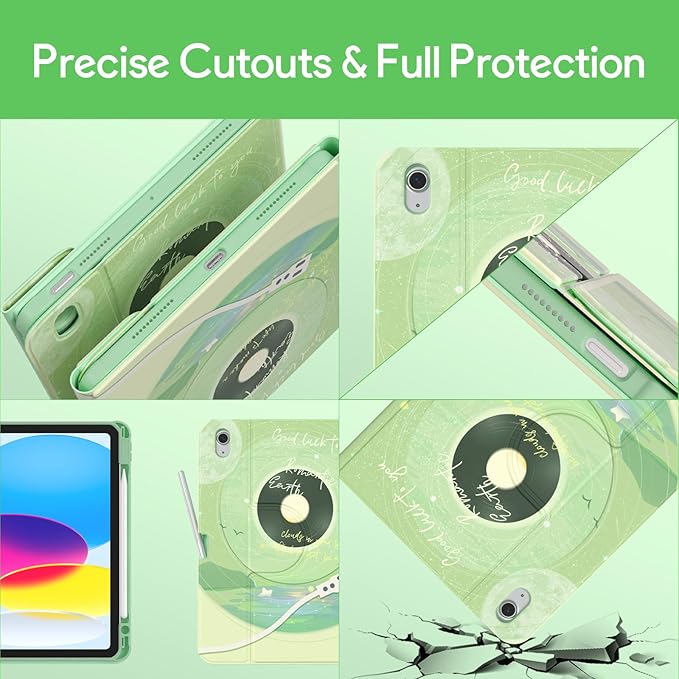 YBING Keyboard Case for iPad 10th Gen 10.9 inch (2022) & 11th Gen (A16, 2025), Bluetooth Wireless Detachable Keyboard with Green Music Painted Patterns, 360 Rotatable Magnetic Case with Pencil Holder