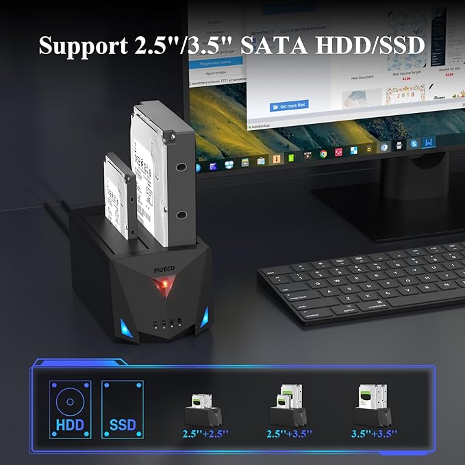 FIDECO USB 3.2 Gen 1 to Hard Drive Docking Station, Hard Drive Dock for 2.5 or 3.5 inch SATA I/II/III HDD SSD with Hard Drive Duplicator/Offline Clone Function and 2 USB Cables, Support UASP
