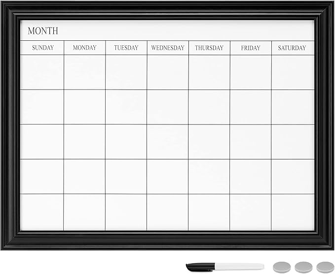 Navaris Framed Calendar Whiteboard for Wall - 18" x 24" Magnetic Dry Erase Monthly Planner - White Board with Frame - Includes Magnets and Marker