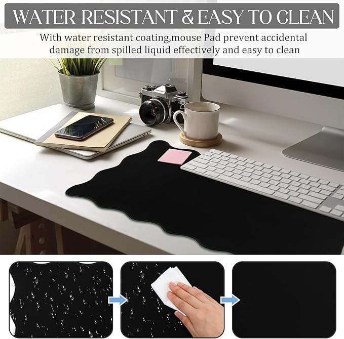 Scalloped Desk Mat Large Scalloped Piping Cute Desk Mat Aesthetic Preppy Table Pad Large Nonslip Pad with Edge Stitching Waterproof Gaming(Black,31.5 x 15.75 Inches)