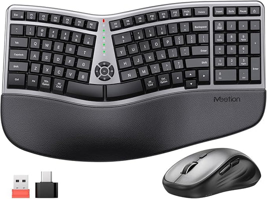 MEETION Ergonomic Wireless Keyboard and Mouse Combo, 2.4G Curved Compact Keyboard with Cushioned Palm Rest, 4 Level DPIs Adjustable Wireless Mouse, for Windows/Mac/Desktop/Laptop/PC, Gray Black