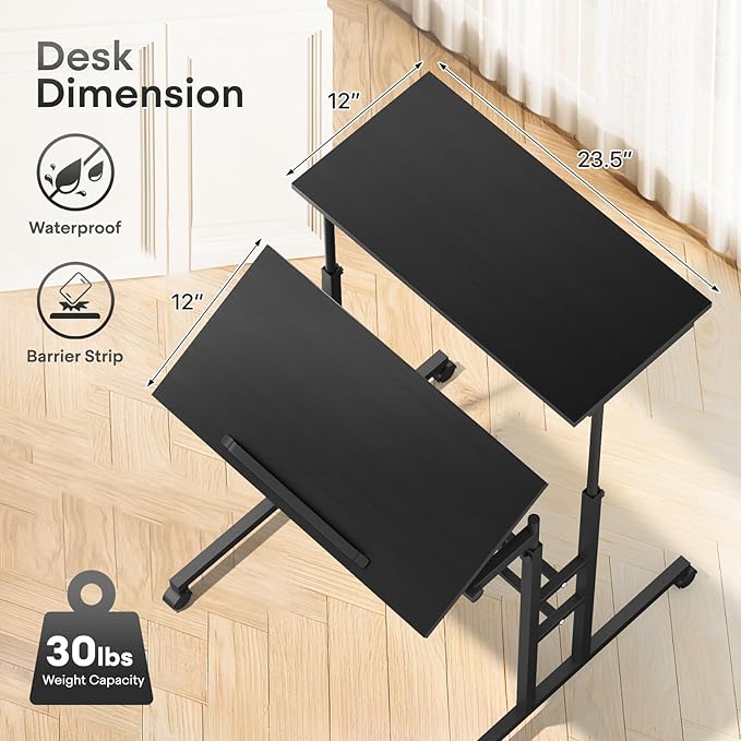 Athena Collection Height Adjustable Rolling Desk Mobile Portable Laptop Stand Cart Small Sit Standing Desk Computer Table Workstation for Home Office, Black