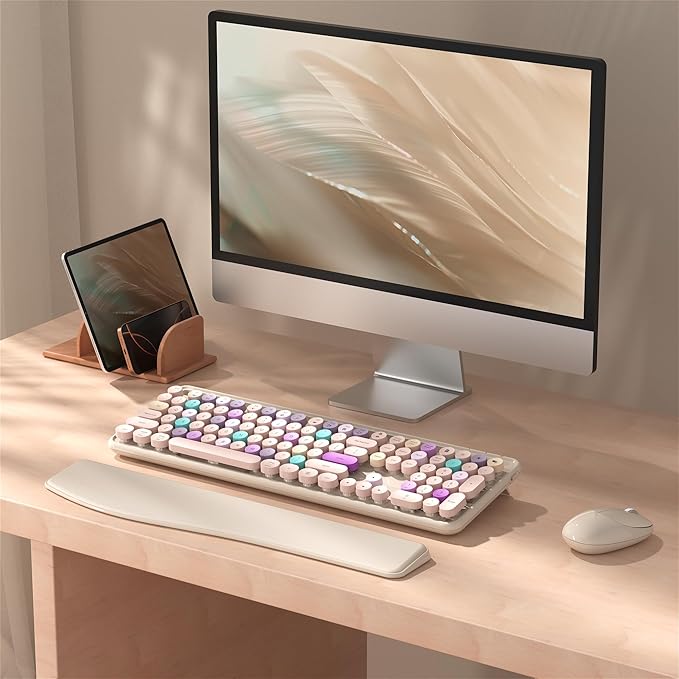 Colorful Wireless Computer Keyboard and Mouse Combo with Phone Holder, Wrist Rest, Typewriter Keys, 2.4GHz Wireless, Full-Sized Optical Mouse for PC and Laptop (Khaki)