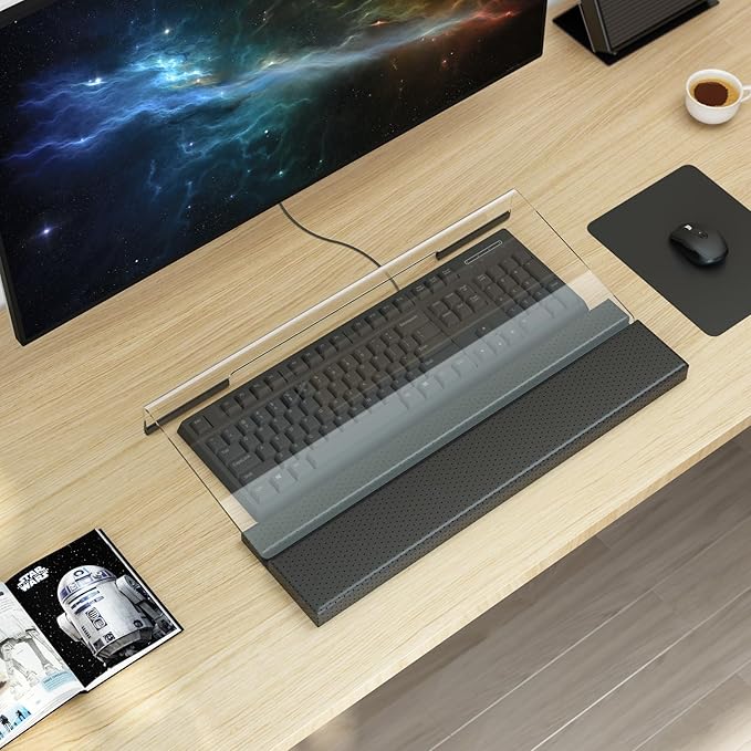 Acrylic Keyboard Stand with Ergonomic PU Leather Wrist Rest & Storage – Adjustable Tilted Riser for All Sized Keyboards, Office & Home Desk Organizer, Clear