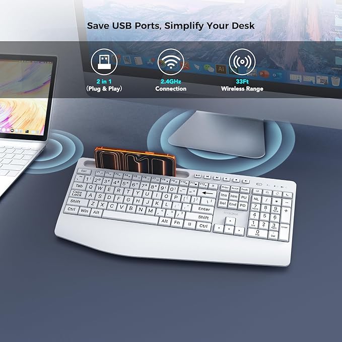KYSONA Large Print Wireless Keyboard, Full Size Cordless Computer Keyboard with Phone Holder, Palm Rest, Ergonomic Tilt Angle, 2.4G Plug-and-Play, Compatible with Tablet/Windows/Laptop/PC, White