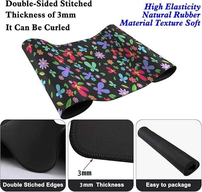 Colorful Flowers Desk Pad Mouse Pad,Large XL Green Leaves Floral Mouse Mat with Stitched Edges,Non-Slip Rubber Base Mousepad for Office PC Keyboard Laptop and Home Work Desk Mat(31.5X11.8 in)