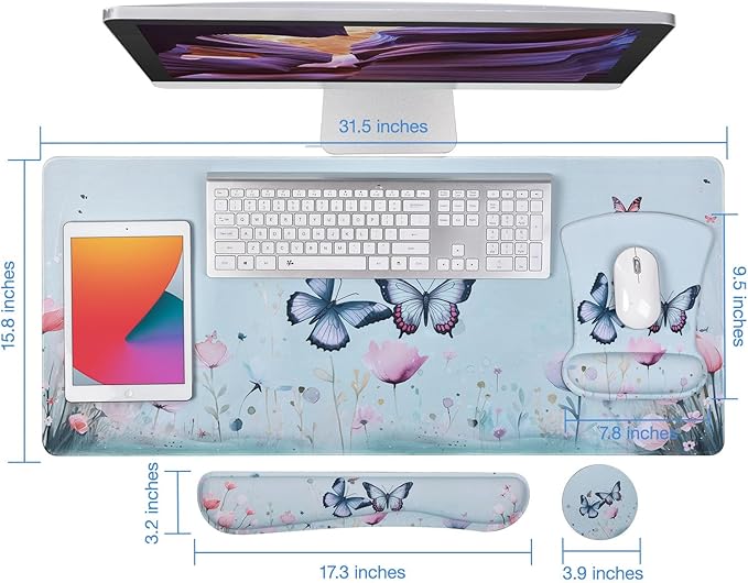 MEGREZ 4-in-1 Ergonomic Memory Foam Wrist Rest Set, Desk Pad, Mouse Pad with Wrist Rest, Keyboard Pad, Suitable for Office Workers, Programmers & Gamers–Relieve Typing & Gaming Fatigue,
