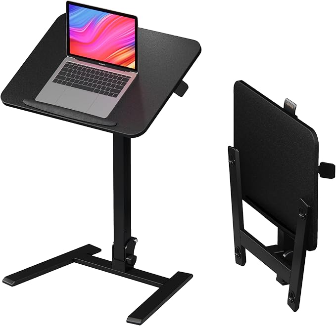 25 Inch Mobile Folding Desk - No Assembly, Pneumatic Sit-Stand, 29-42" Height Adjustable Rolling Laptop Desk with Hidden Wheels, 0-90° Tilt Top for Home Office, Craft & Study