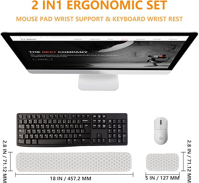 Ergonomic Keyboard and Mouse Wrist Rest Set, Silicone Honeycomb Design, 17.7 x 2.8 x 1 Inches, Non-Deformable Support for Office Gaming Typing (White)