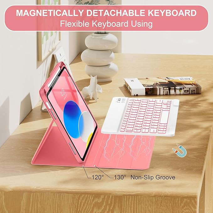 Soke for iPad (A16) 11th/10th Generation Case with Keyboard(2025/2022)-7 Color Backlight Wireless Detachable Folio Keyboard Cover with Built-in Pencil Holder for iPad 11/10.9 inch, Watermelon Marble