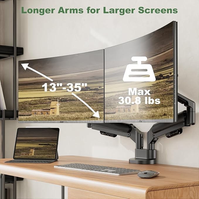 Dual Monitor Mount, Dual Monitor Stand for Two Ultrawide 13"-34" Flat/Curved Computer Screens, Low Profile Double Monitor Arms Hold up to 26.4bs, Easy Setup, VESA Mount 75x75/100x100mm