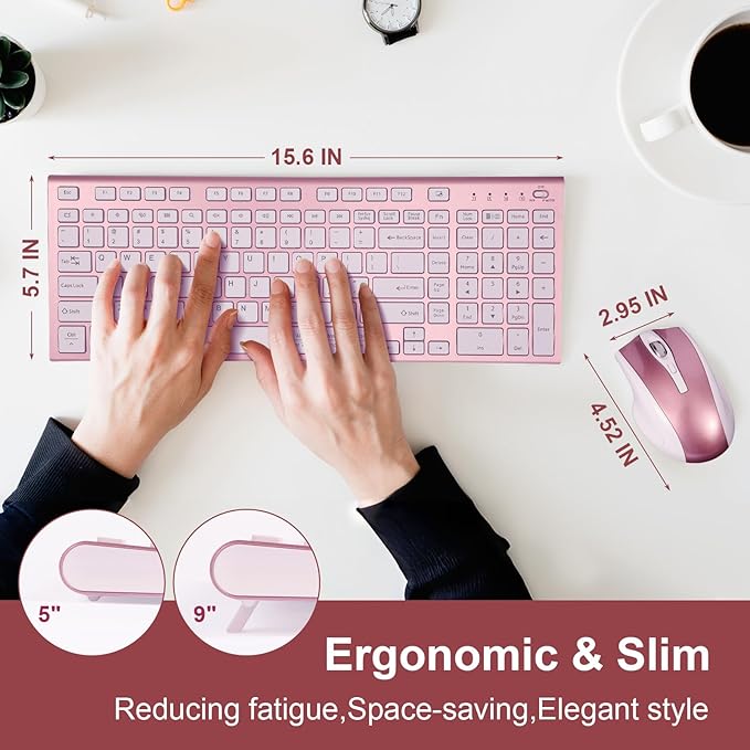 Wireless Keyboard and Mouse Set, 2.4G USB Silent Ultra-Thin Compact Full-Size Keyboard, Compatible with PC, Windows, Mac, MacBook (Rose Gold)