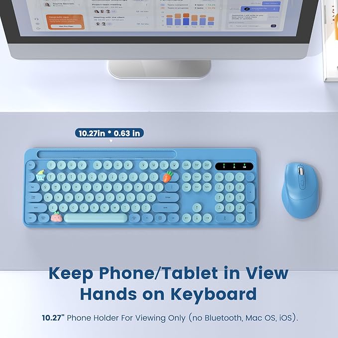 Wireless Keyboard and Mouse Combo, Retro Round Keycaps, Full-Size Stylish Typewriter Keyboard with Phone/Tablet Holder, Ergonomic Mouse with 3-Level DPI, 2.4GHz Connection for Windows/PC (Sky Blue)