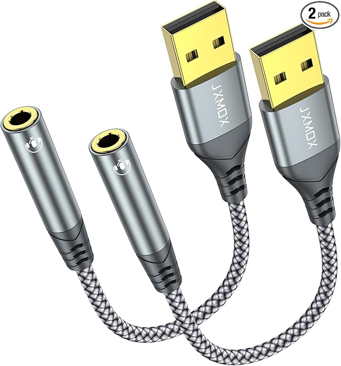 JXMOX USB to 3.5mm Audio Adapter (2-Pack) - USB-A to 3.5mm TRRS 4-Pole Female External Stereo Sound Card for Headphones, Mac, PS4, PS5, PC, Laptops, Desktops