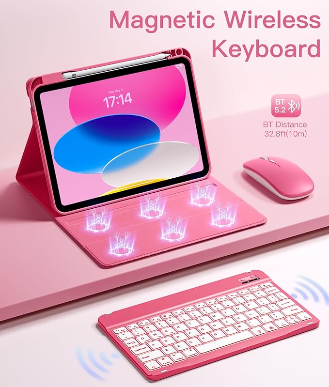 Hamile for iPad A16 Case with Keyboard - Mouse Backlit Wireless Detachable Keyboard Glitter Folio Cover with Pencil Holder for iPad 11th Gen A16 11-inch 2025 10th Generation 10.9 Inch 2022 - Pink