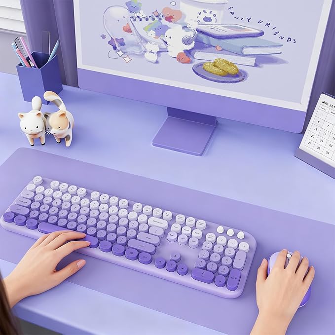 Wireless Keyboard and Mouse Combo, 2.4GHZ Typewriter Retro Full Size Keyboards, Cute Colorful Computer Keyboard and Wireless Mouse for Laptop/Desktop/Windows/PC (Purple Gradient)