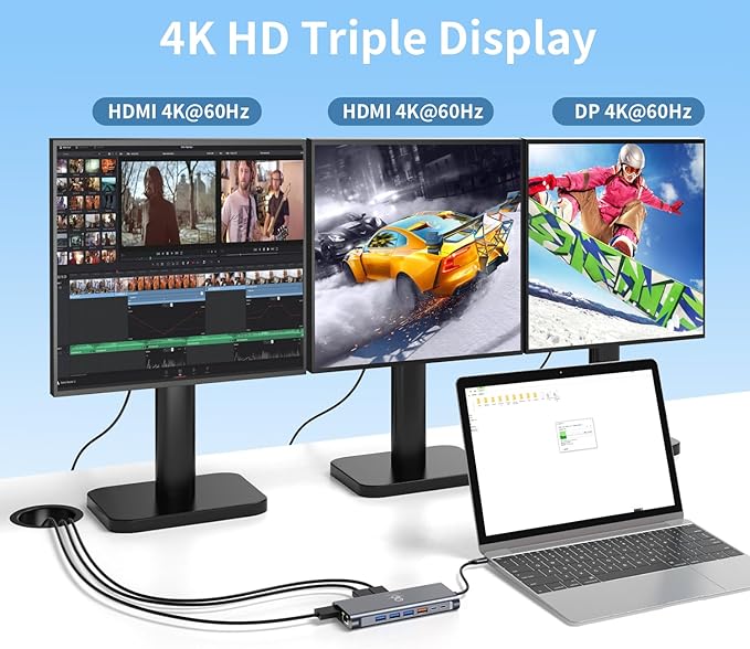Docking Station 3 Monitors for HP/MacBook/Dell/Lenovo/Surface, USB C Docking Station with Dual 4K@60Hz HDMI & 4K DP, 14-in-1 USB C Hub with 100W PD, USB-A/C 3.1, 1Gbps Ethernet, SD/TF, 3.5mm Audio/Mic