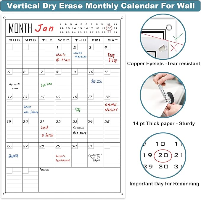 Large Dry Erase Calendar For Wall Monthly,24x36 Inch Big Vertical Blank White Board Calendar Fit to Narrow Wall,Giant Laminated Erasable 30 Day Schedule Planner Poster for Family,Office,Classroom