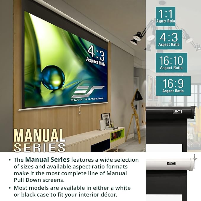 Elite Screens Manual Series, 100-INCH with 24" DROP, Pull Down Retractable Projector Screen, Movie Game Cinema, M100XWH-E24