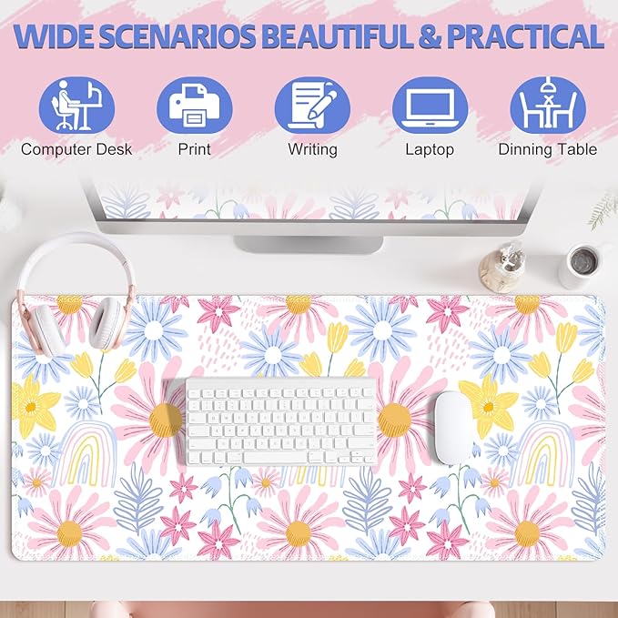 Lovely Desk Pad Mouse Pad, Large Gaming Mouse Mat with Stitched Edges, Non-Slip Waterproof Rubber Base Mous Mat for Office Computer Keyboard Laptop Home Decor Women (35.4X17.5 in), Pink Wildflower