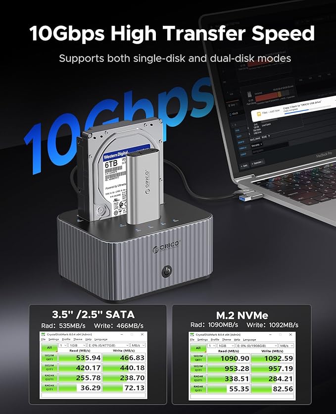 ORICO Hard Drive Docking Station 10Gbps for NVMe SSD & SATA 3.5 HDD with Bidirectional Cloning Type-C Hybrid Docking Station with Independent Aluminum Heat Sink