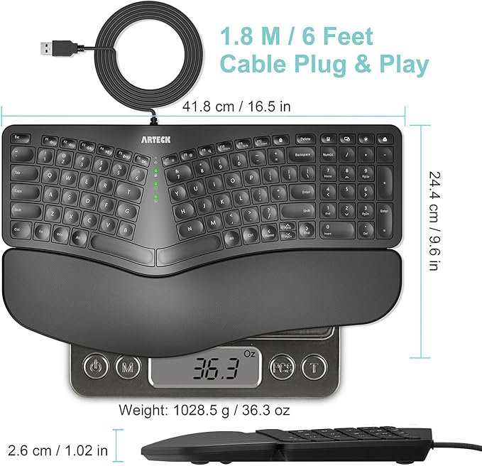 Arteck Ergonomic USB Wired Keyboard with Cushioned Wrist & Palm Rest, Backlit 7 Colors & Adjustable Brightness Comfortable Natural Split Keyboard with 6 Feet Wire for Windows Computer Desktop Laptop