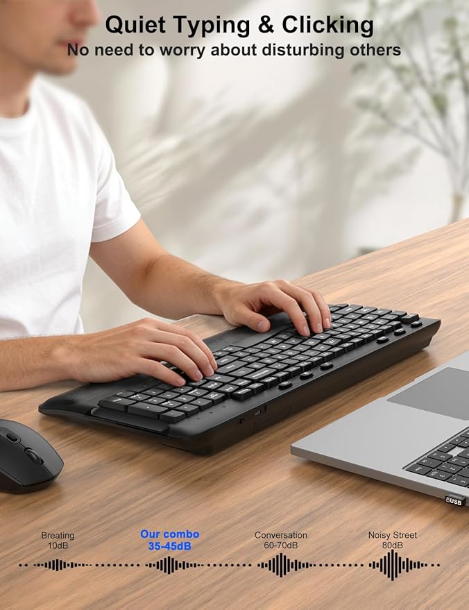 Ergonomic Wireless Keyboard and Mouse Combo, Wave Keys, Full Size Silent Keyboard with Soft Palm Rest, 3 Level DPI, 2.4G Cordless Computer Keyboard Mouse for PC, Laptop, Desktop, Windows & Mac OS