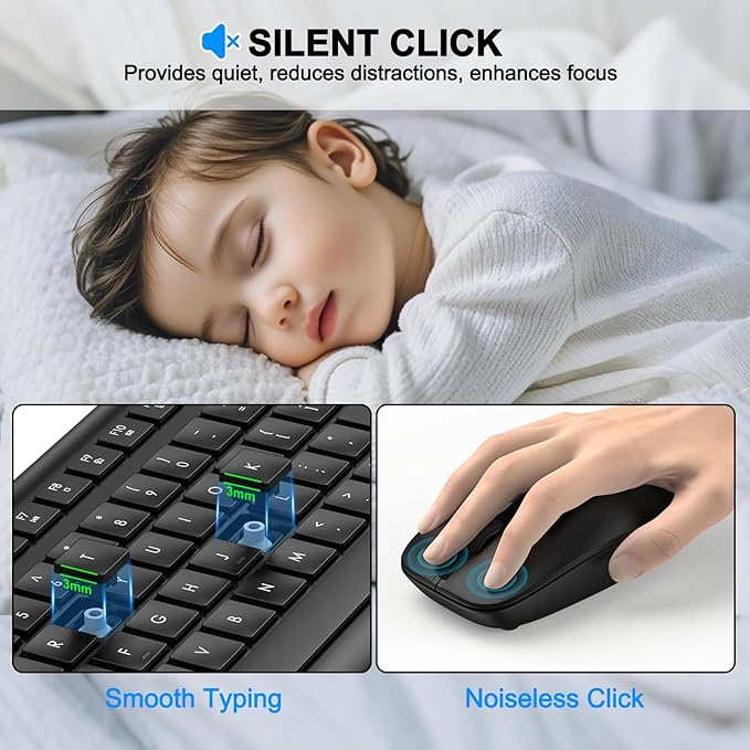 Wireless Keyboard and Mouse Combo, Full-Size Silent Ergonomic Keyboard and Optical Mouse, Long Battery Life, 2.4GHz Lag-Free Cordless Mice Keyboard for Computer, Mac, Laptop, PC, Windows
