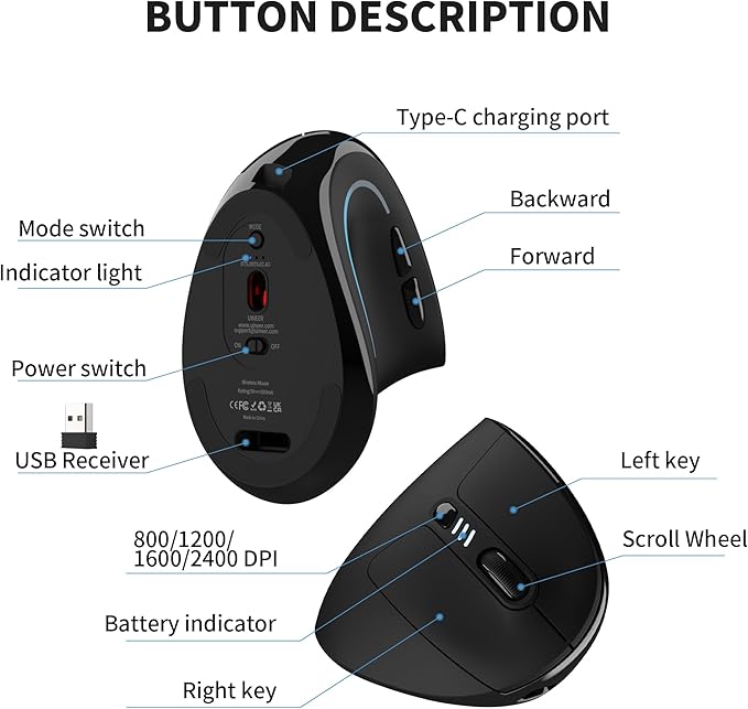 Uineer Ergonomic Mouse, Wireless Bluetooth Rechargeable Vertical Mouse, 7 Color LED, 4 DPI Adjustable, USB-A, Wrist Strain Relief,Optical Mice for Computer/PC/Laptop, Black