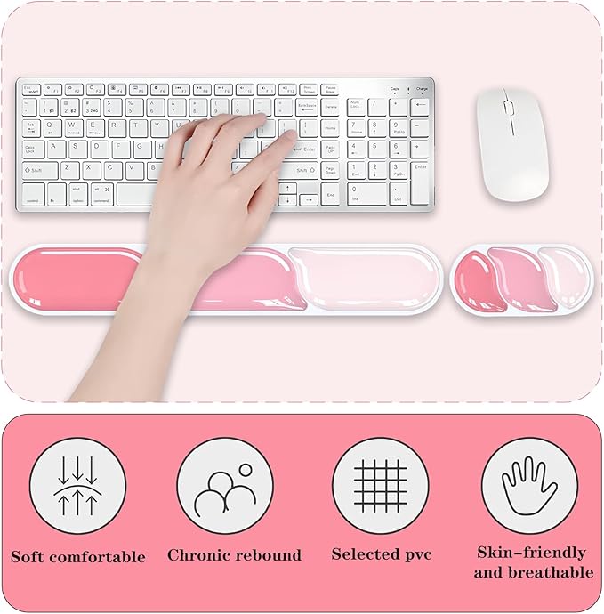 Ergonomic Keyboard Wrist Rest, Gel Wrist Rest for Keyboard and Mouse, Wrist Support and Keyboard Pad for Typing Pain Relief, Anti-Slip Base, Suitable for Office, Laptop, Computer, Gaming (Pink)