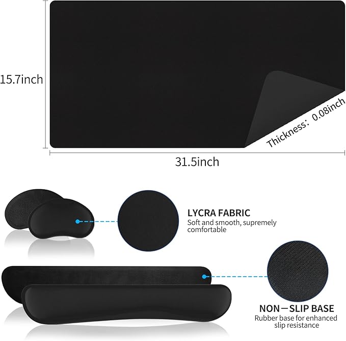Mouse Pad with Wrist Rest Support, Keyboard Wrist Rest and Mouse Pad Set, Desk Mat for Keyboard and Mouses, Non-Slip Computer Mat Set for Office, Home (31.5×15.7 Inches, Black)