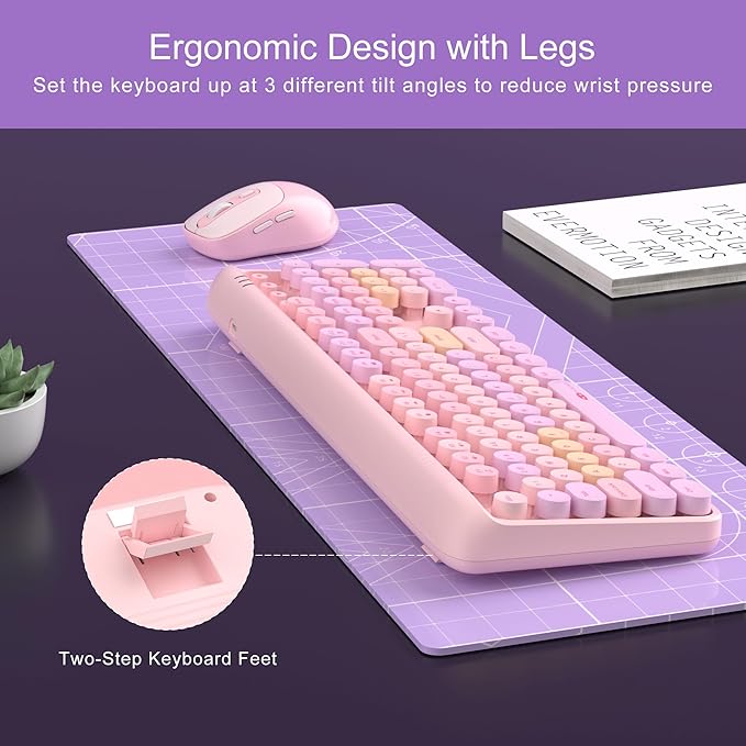 MageGee V920 Wireless Keyboard and Mouse Combo, 2.4G Full-Sized Retro Typewriter Keyboard with Round Keycaps & Auto-Sleep Mode, Cute Computer Keyboard and Cordless Optical Mouse for Laptop/PC (Pink)