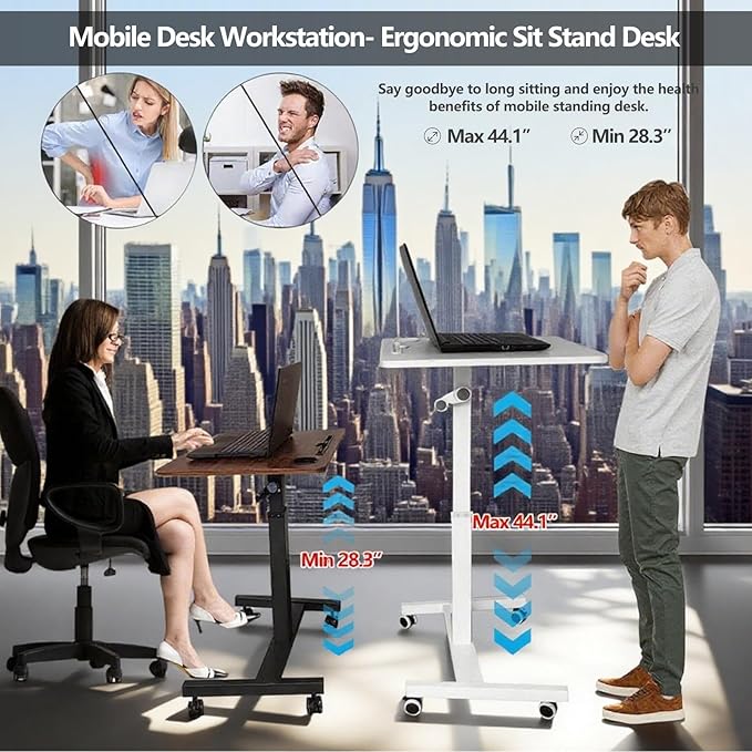 Mobile Standing Desk,Height Adjustable Home Office Desk with Wheels&Cup Holder,Hand Crank Sit Stand Desk and Laptop Cart,Computer Workstation for Home Office Classroom Hospital (Manual White)