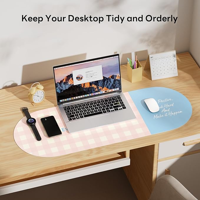 Checkered Pattern Desk Pad Protector, 35.5 x 13'' Aesthetic Mouse Mat for Desktop, Waterproof PU Leathe Non-Slip Desk Writing Pad for Office and Home, Light Pink and Blue