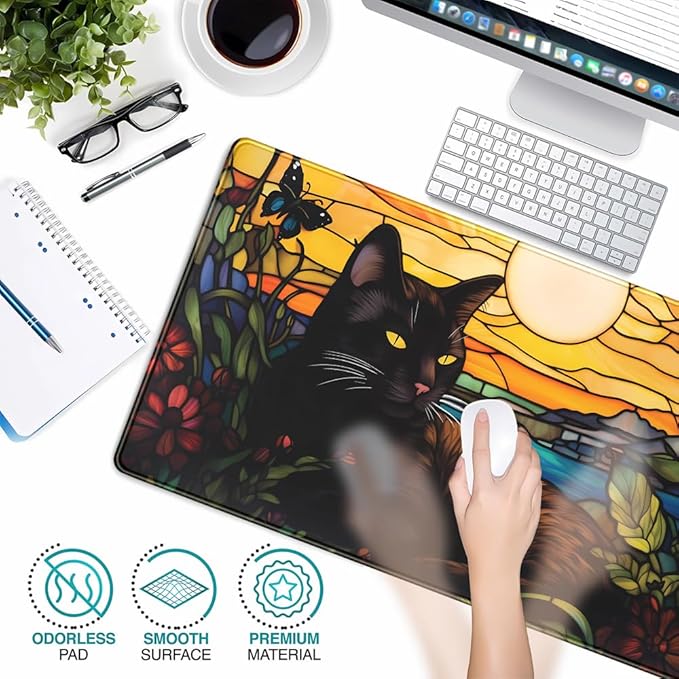 Black Cat Desk Mat Retro Flower Mouse Pad Large Mousepad, Enamel Aesthetic Gaming Mouse Pad Boho Desk Pad Large Decor Computer Mat, with Stitched Eges Non-Slip Base Mouse Pads Accessories 31.5"x15.7"