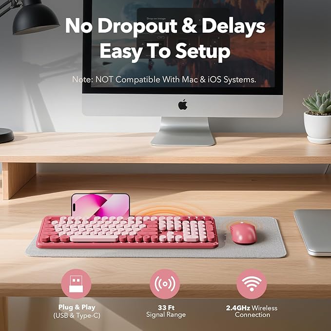 Wireless Keyboard and Mouse Combo, Cute Full-Size Typewriter-Style Keyboard, Retro Round Keycaps, Phone/Tablet Holder, 3-Level DPI Mouse, 2.4GHz Cordless for Mac Windows PC Laptop, Trueque CK13, Pink