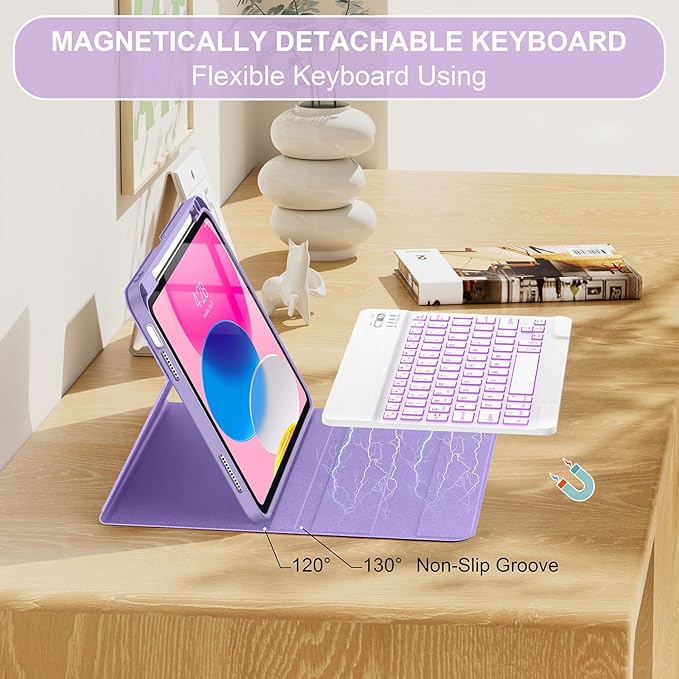 Soke for iPad (A16) 11th/10th Generation Case with Keyboard(2025/2022)-7 Color Backlight Wireless Detachable Folio Keyboard Cover with Built-in Pencil Holder for iPad 11/10.9 inch, Violet Marble