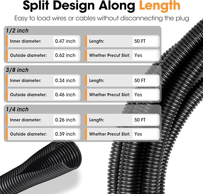 Wire Loom 1/4", 1/2", 3/8 Inch x 50 FT, Split Wire Loom Tubing Wire Conduit, Cable Sleeves Bulk Flexible Electrical Conduit Protective kit