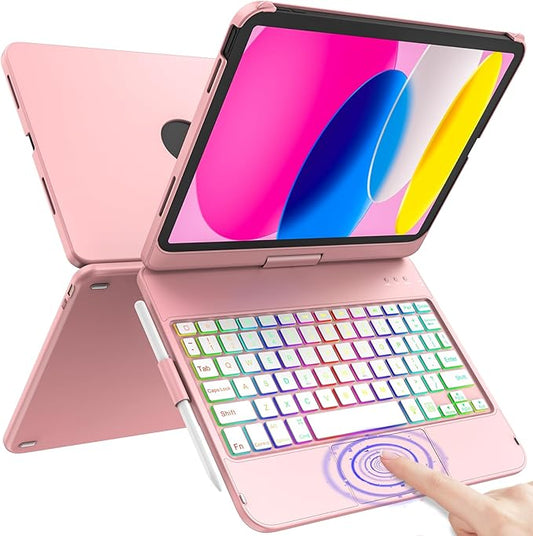Touch Keyboard Case for iPad A16 11th Generation 2025/10th Generation 10.9 inch 2022,360° Rotatable for iPad 10th Generation Case with Keyboard- 10 Color Backlight Keyboard Case with Pencil Holder