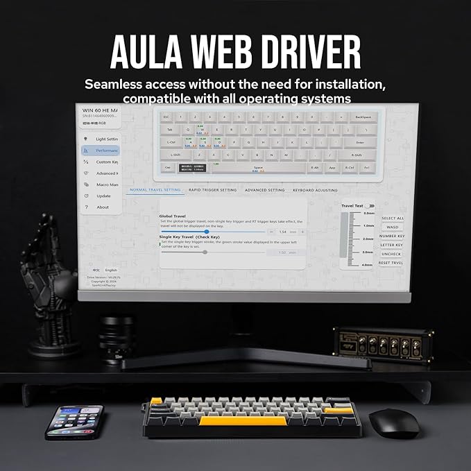 EPOMAKER Aula WIN60 HE 60% Wired Magnetic Keyboard with Adjustable Actuation, 8000 Hz Polling Rate, Hall Effect Switches, Hot-Swap, for FPS Games (Grey&Yellow)