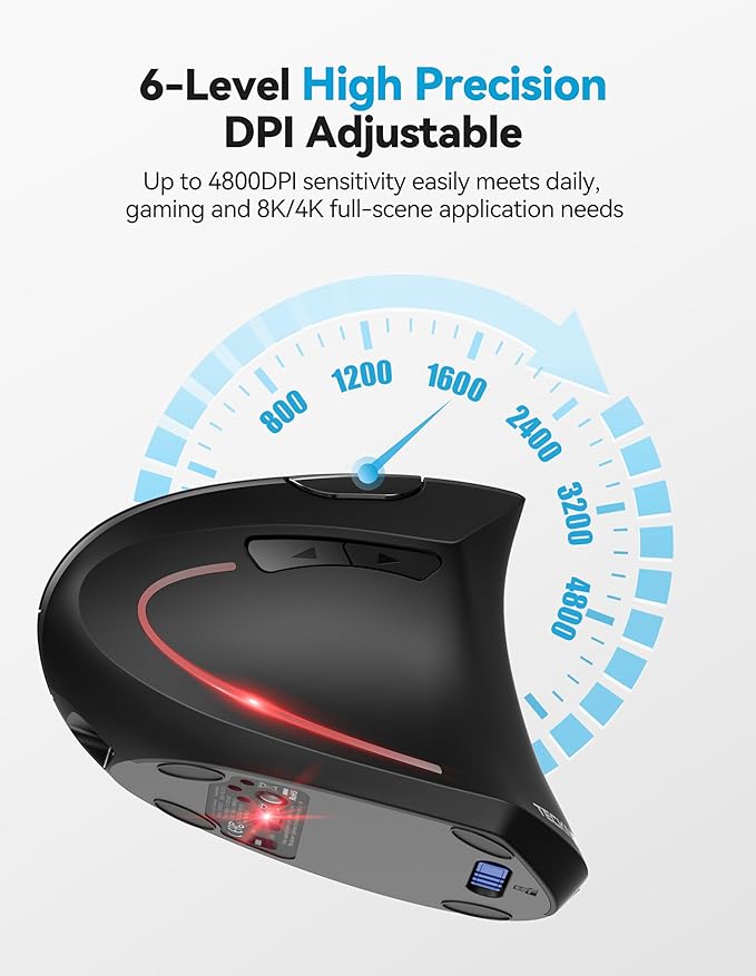 TECKNET Ergonomic Mouse Rechargeable Bluetooth - 4800 DPI Vertical Mice 6 Adjustable Levels, Wireless Optical Carpal Tunnel Mouse Right Hand, Multi Device for Laptop, PC, Computer, MacBook - Black