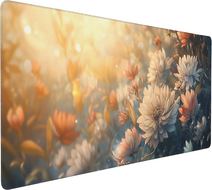 Floral Aesthetic Dahlia Gaming Mouse Pad, Orange White Dreamy Desk Mat with Anti-Slip Base & Stitched Edges, Computer Keyboard & Laptop Pad, 35.4" x 15.7" in in Workstation Accessories