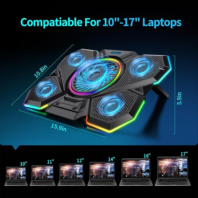 Laptop Cooling Pad, Gaming Laptop Cooler with 5 Quiet Fans and LED Lights (One-Click Close), Laptop Fan Cooling Pad Fits 12-17 Inch Laptop, 7 Adjustable Height